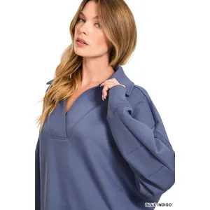 Zenana Scuba Collared‎ Pullover & Center Seam Pants Set - Blue Indigo - Medium thumbnail 8