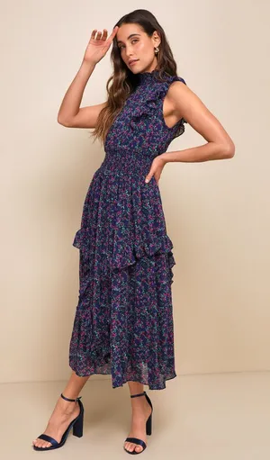 Lulus Evalina Navy Blue Floral Print Mock Neck Sleeveless Ruffle Midi Dress thumbnail 1