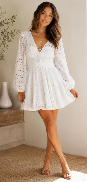 NEW Gianni Bini Katrina White Eyelet Embroidered Long Sleeve Mini Sundress Large thumbnail 1