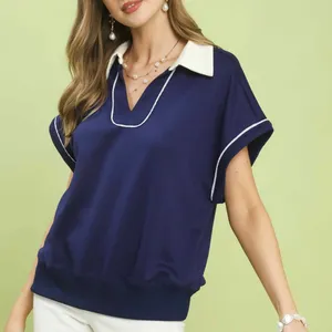 Umgee Contrast Collar Soft‎ Knit Polo Top thumbnail 1