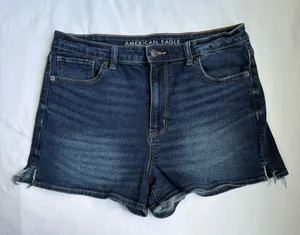 American Eagle Mom Short Size 12 High Rise Blue Stretch Denim Frayed Hem Shorts thumbnail 1