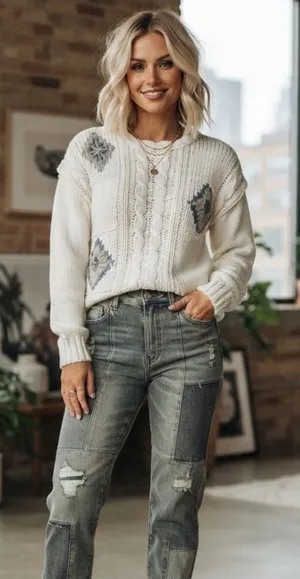 VINTAGE 80s SHENANIGANS Women’s White Sweater Hand Knitted Flower Design Small thumbnail 1