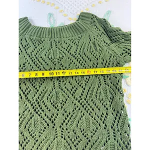 Shein Olive Green Pointelle Knit Off‎ Shoulder Sweater Boho Diamond Weave 3XL thumbnail 4