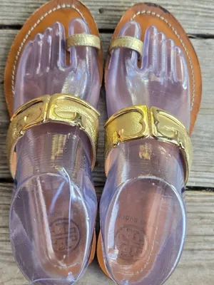 Tory Burch Marcia Gold Metallic Toe Ring Logo Vamp Slide On Sandal Size 8 thumbnail 3