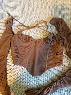 White Fox Boutique Brown Ruched Mesh Corset Crop Top thumbnail 2