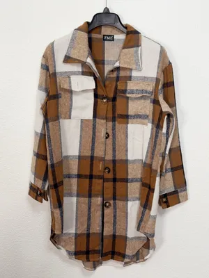FME Camel Brown Plaid Longline Button Front High Low Shacket Jacket Size M thumbnail 2