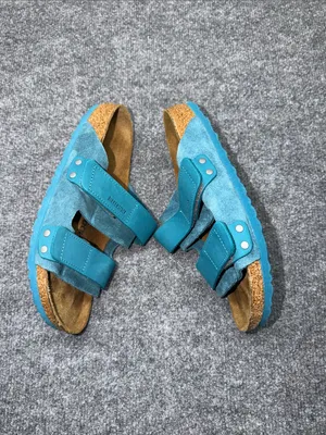 Birkenstock Double-Strap Nubuck-Suede Deep Turquoise Leather Slide Sandals thumbnail 6
