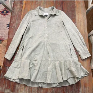 Tuckernuck Sage Green Linen Look 100% Cotton Drop Waist Ruffle Hem Shirt Dress S thumbnail 1