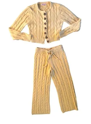 Cropped Ribbed Sweater Set Cardigan Flare Pant Sz M thumbnail 1