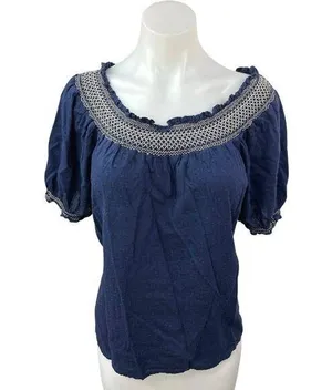 Old Navy Womens Navy Blue Off The Shoulder Stretch Ruffle Boho Blouse Top Size M thumbnail 1