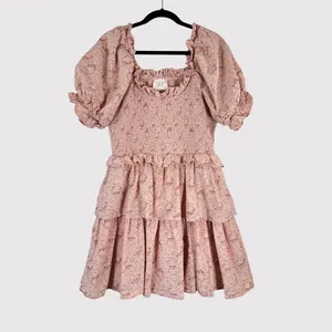 Hyacinth House Womens Dress Beige Mini Floral Smocked Ruffle Puffed A Line Large thumbnail 2