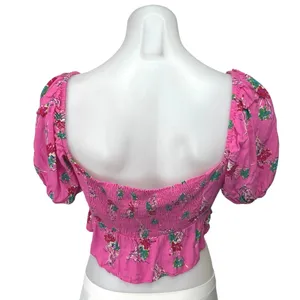 Zara Pink Floral Sweetheart Neck Short Puff Sleeve Smocked Blouse Crop Top Sz M thumbnail 2