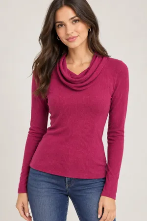 Banana Republic Fuchsia Draped Cowl Neck Ribbed Knit Top Fall Quiet Luxury cozy thumbnail 1