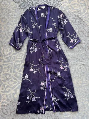 Oscar de la Renta Satin Floral Robe Purple Large thumbnail 1