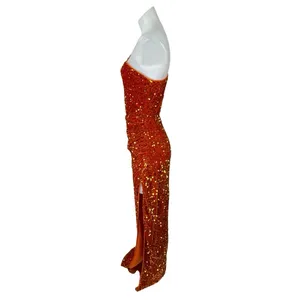 Women's Orange Sequin One Shoulder Slit Evening Gown Maxi Tank Bodycon Dress M thumbnail 2