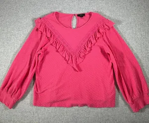 J. Crew Medium Womens Top Blouse Honeycomb Pattern Ruffle Neck Pink Puffy Sleeve thumbnail 1