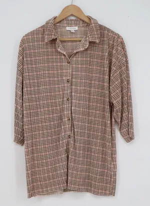 Topshop Womens Brown Orange Grid Check Plisse Button Up Shirt Size US 4-6 thumbnail 1