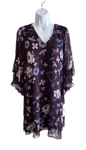NWT Calvin Klein Size 4 Purple Floral Chiffon Bell Sleeve Dress - Wedding Guest‎ thumbnail 1