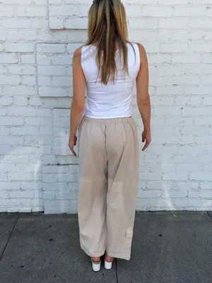 Vtg beige wide leg capri cargo pant drawstring waist sz XL thumbnail 3