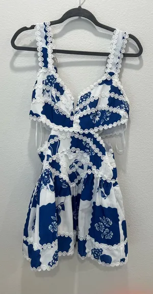 Blue and White Floral Lace Trim Mini Dress by Vintage Shop Size L thumbnail 1