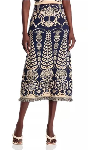 FARM Rio Ainika Tropical Splendor Knit Midi Skirt Navy Blue Cream Fringe M thumbnail 1