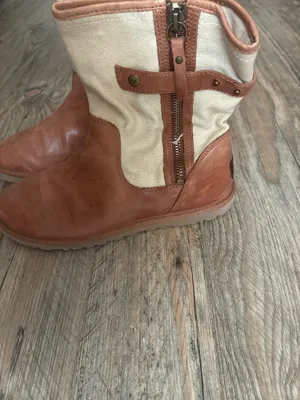 UGG Brown Leather and Cream Canvas Women's Ankle Boots thumbnail 4