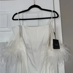 Mac Duggal Long Off Shoulder Feathers Formal Bridal Gown thumbnail 6