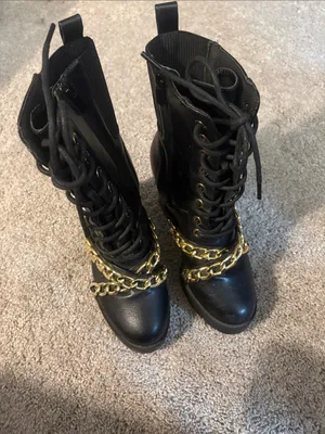 Forever Black Lace-Up Combat Boots with Gold Chain Accent size 7 thumbnail 3