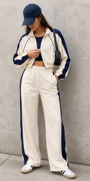 Love Poem Cream Navy Red Track Suit Set Small Zip Jacket Wide Leg Pants Y2K thumbnail 1