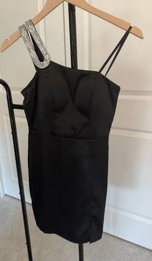 Sequin Hearts Black One-Shoulder Cocktail Dress with Crystal Strap thumbnail 1