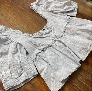 Free People Baby Blue Seersucker Puff Sleeve Babydoll Top Smocked Back S thumbnail 1