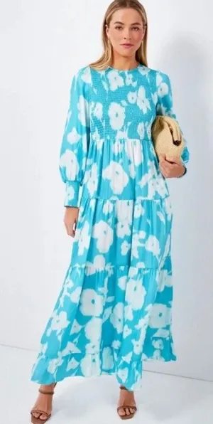 Tuckernuck Watercolor Floral Libby Turquoise Tiered Maxi Dress Size S thumbnail 1