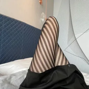 Striped Black Fishnet Tights, High Waist Hollow Out Mesh‎ Pantyhose One Size thumbnail 3