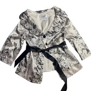 Victor Costa Silver Black Floral‎ Brocade Ruffle Collar Belted Evening Jacket 6 thumbnail 2