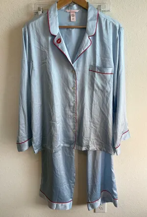 Victoria’s Secret Silky Light Blue Pajama Set with Red Piping Size XL thumbnail 1