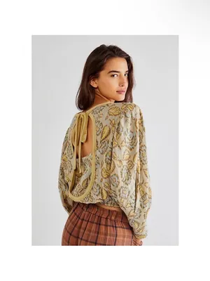 Free People Floral Puff-Sleeve Top in Cream, Yellow and Blue thumbnail 2