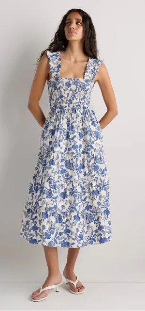 Quince Riviera Blue Heirloom Floral Cotton Poplin Smocked Tiered Midi Dress L thumbnail 1