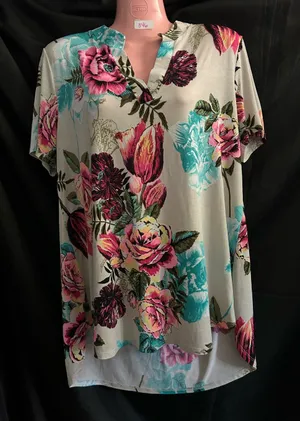 Floral V-Neck Short Sleeve Women's Top in Cream Pink & Teal LG thumbnail 1