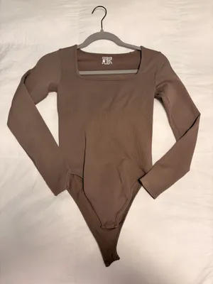 Square Neck Long Sleeve Bodysuit in Brown thumbnail 1