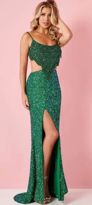 Rachel Allan Stunning Emerald Green Sequin Fringe Cutout formal Gown Size 6 thumbnail 1