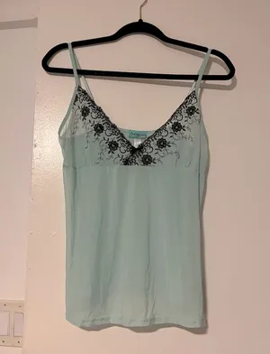 Vintage Sheer Mint Green Camisole Y2K Lingerie Top Black Floral Embroidery & Bow thumbnail 1