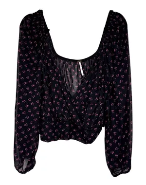 Free People Black Purple Floral Twist Front Blouse Womens M Boho Sheer Sleeve thumbnail 1