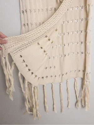 NWT [SET] Micas Knit Fringe Maxi Skirt M Beige Tassel Sheer Slit Bandeau Top thumbnail 7
