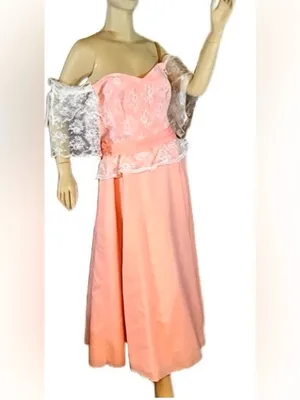 Vintage Mid To Late 70'S Peach Off-The-Shoulder Lacey Party Dress (M) thumbnail 4