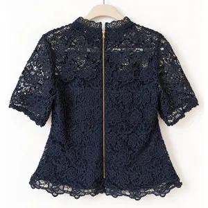 Nanette Lepore Lace Top Womens Size M Navy Blue Mock Neck Zipper Back Coquette thumbnail 3
