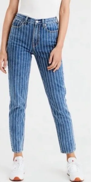 American Eagle Women’s Jeans Pinstripe Mom White Stripe 100% Cotton Blue Size‎ 2 thumbnail 1