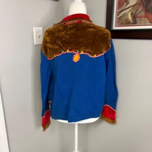 Vintage Western Cactus Cowboy Boot Embroidered Cardigan Blue Chenille Fringe L thumbnail 10