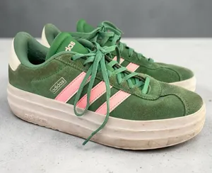 Adidas Women's Green Suede Platform Sneakers with Pink Stripes thumbnail 1