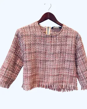 Zara Pink Tweed Top Blouse Zip Back Plaid Fringe Preppy M White Gray Cropped thumbnail 4