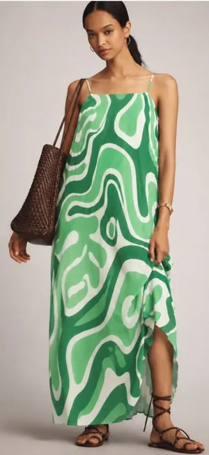 Farm Rio Anthropologie Maxi Dress Small Green Psychedelic Wave Boho Vacation thumbnail 1